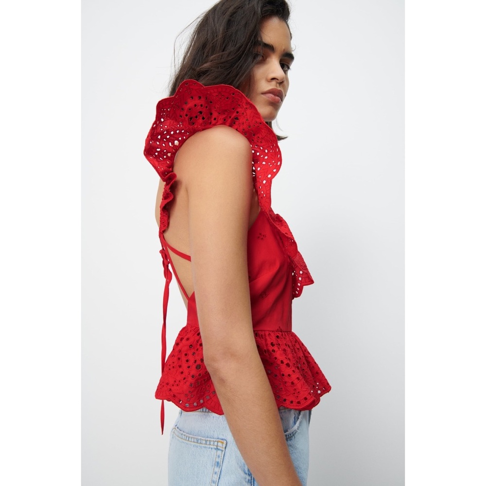 Zara Red Ruffled Crop Top - Picture 2 of 6